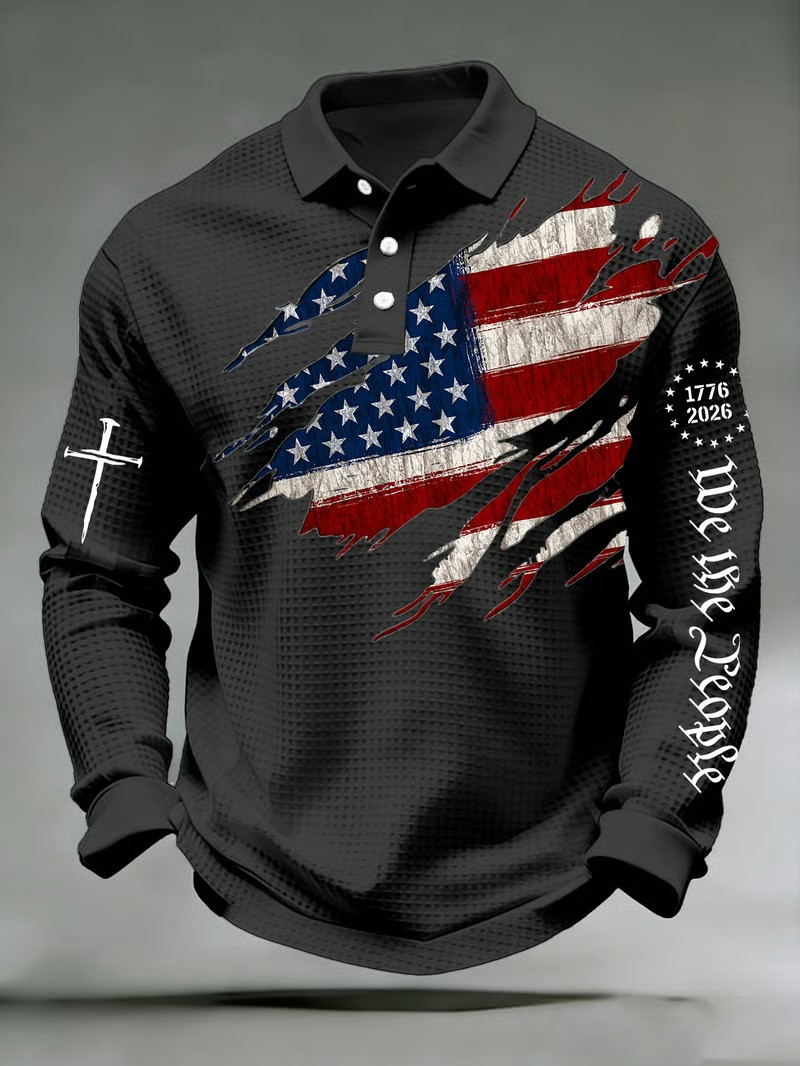 USA Flag Polo Long Sleeve Shirt Stars And Stripes Cross Apparel Independence Day Shirt