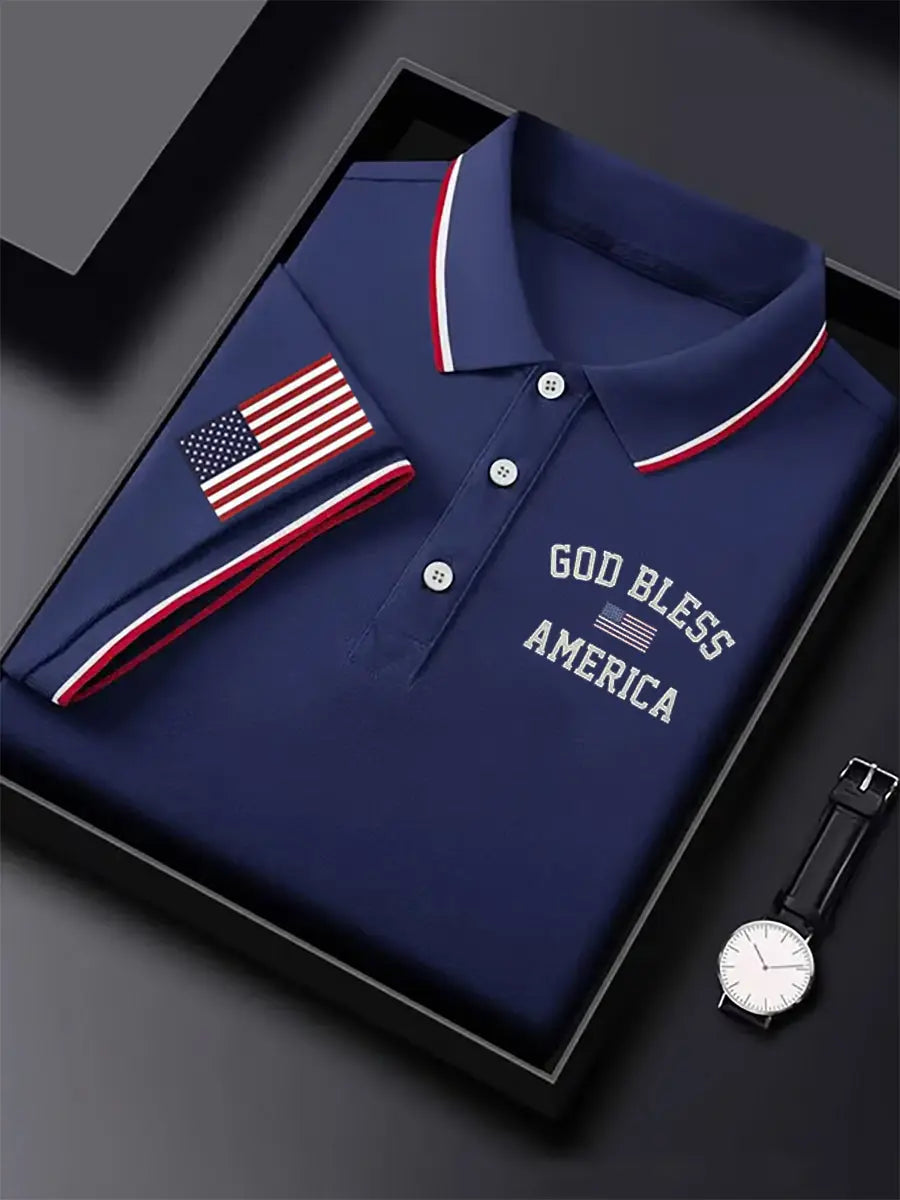 USA Flag Polo Shirt God Bless America Gift for Patriotic Supporters Short Sleeve