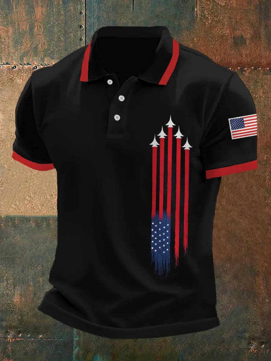 USA Flag Polo Shirt Jet Plane Print Patriotic Gift for Independence Day Celebrations