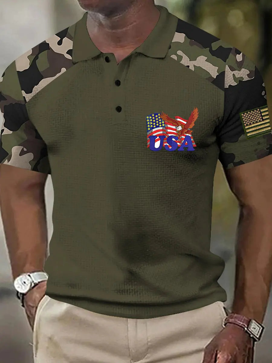 USA Flag Polo Shirt Men's Patriotic Gift for Independence Day Supporters with Eagle Patch