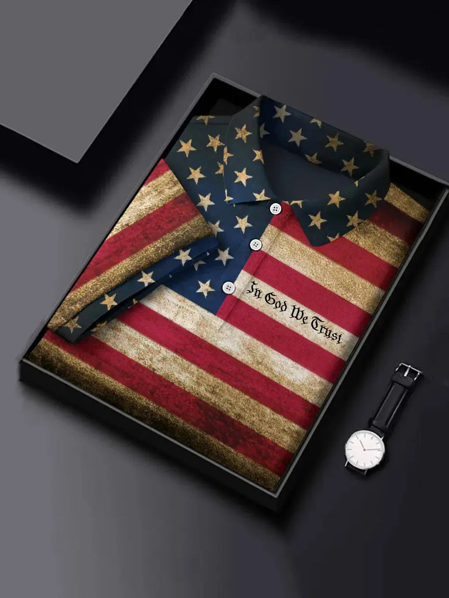 USA Flag Polo Shirt Patriotic Gift for American Pride Supporters In God We Trust Design