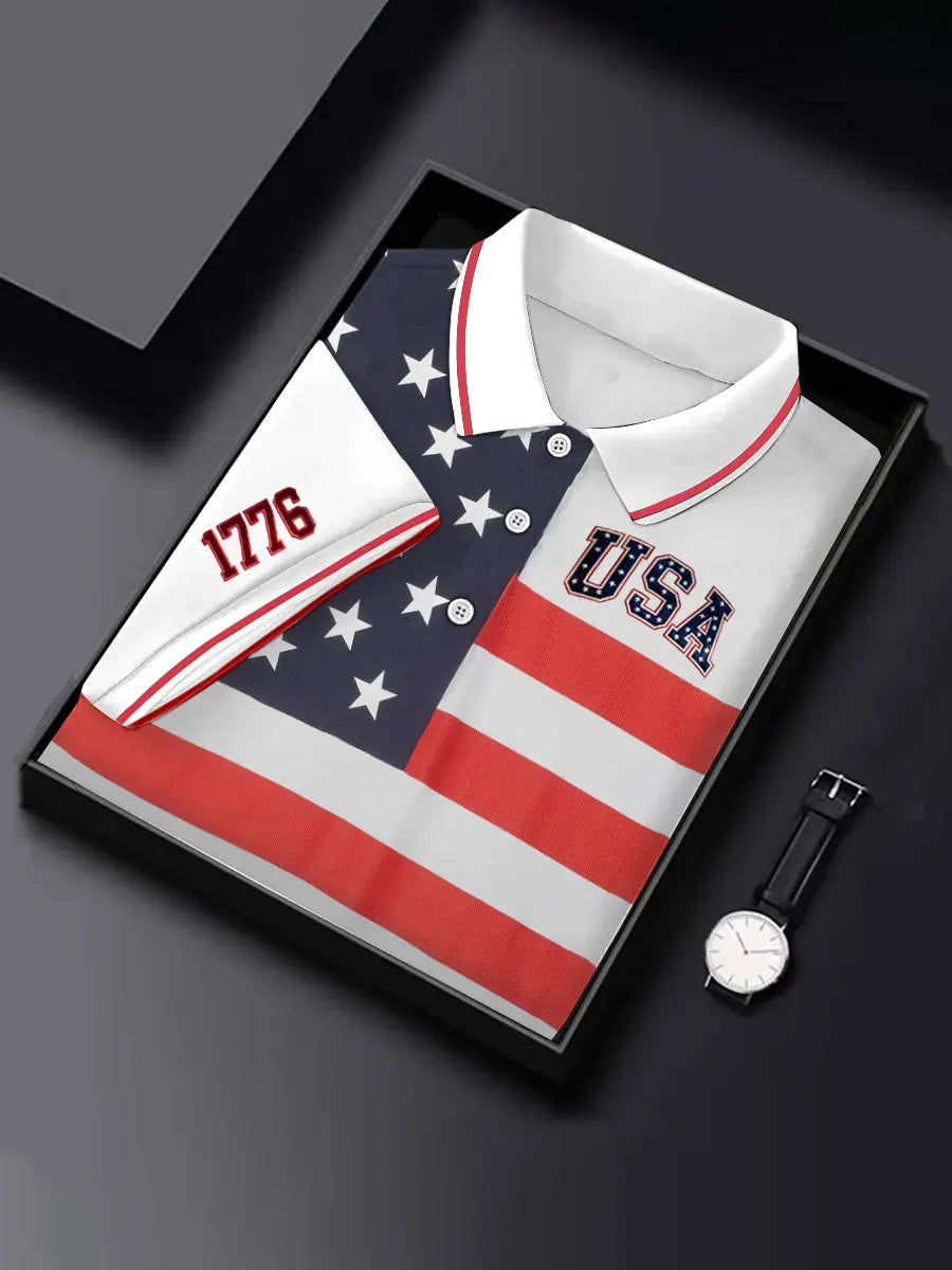 USA Flag Polo Shirt Patriotic Gift for American Pride Supporters Men's Short Sleeve Top