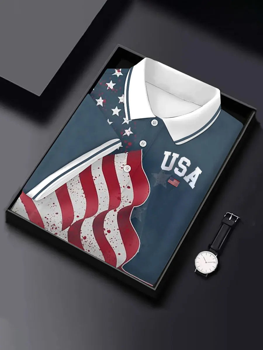 USA Flag Polo Shirt Patriotic Gift for American Pride Supporters Short Sleeve Men's Apparel