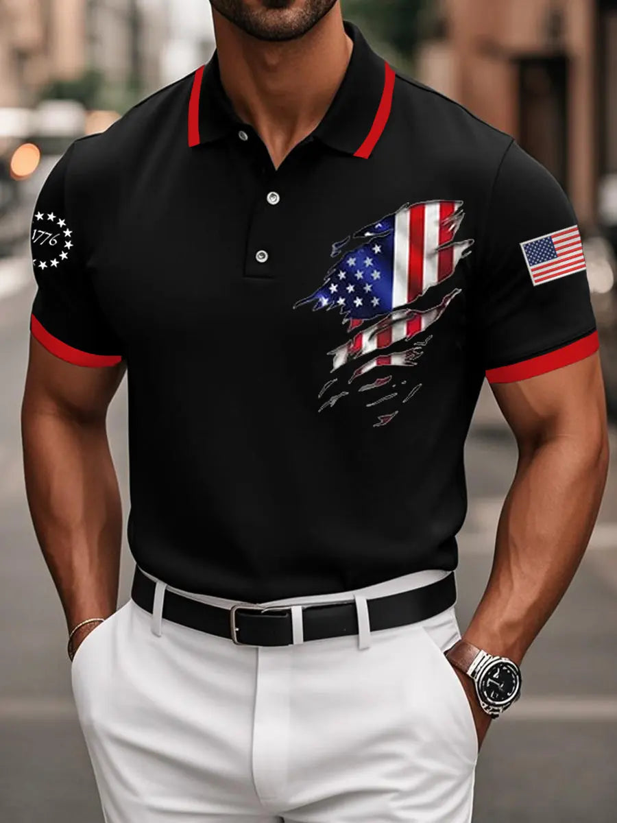 USA Flag Polo Shirt Patriotic Gift for Independence Day American Casual Top for Men