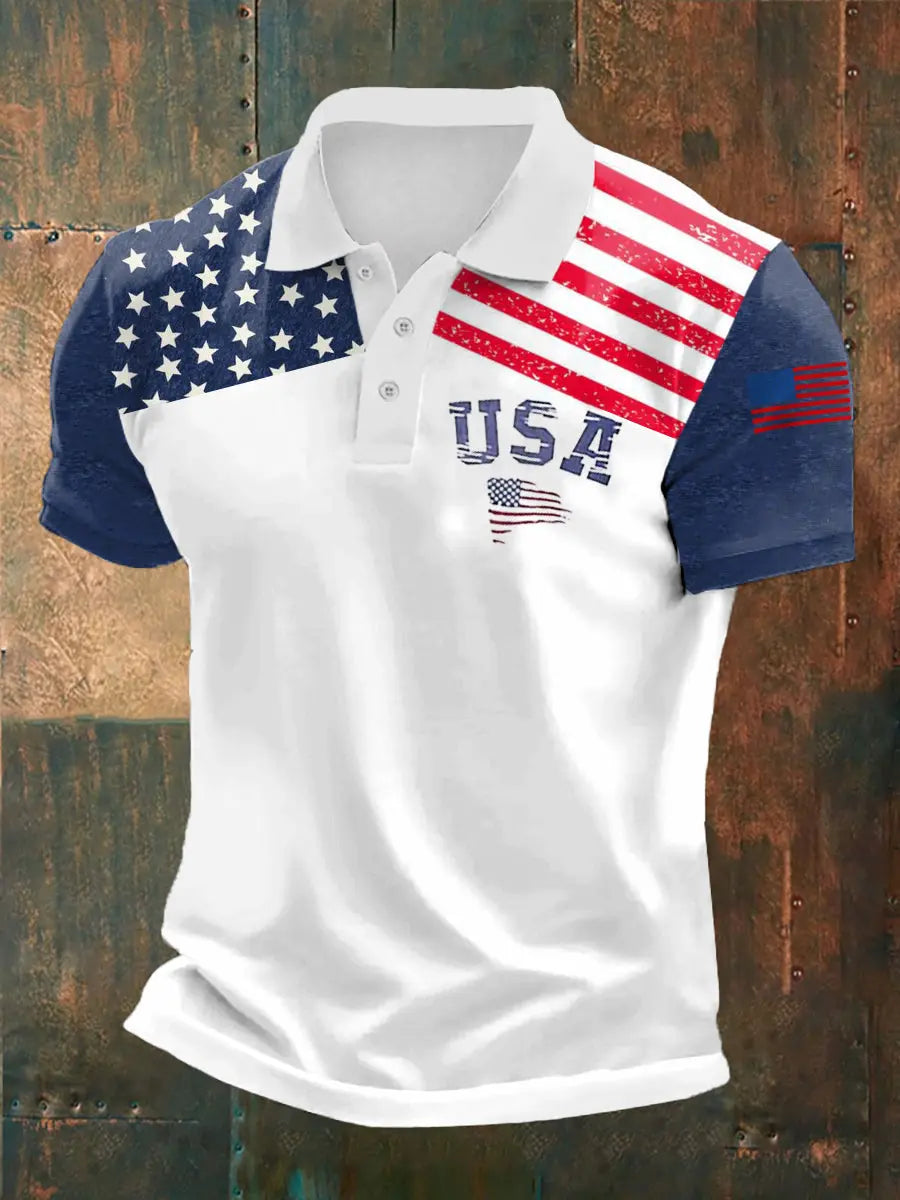 USA Flag Polo Shirt Patriotic Gift for Men Short Sleeve Casual Wear American Pride