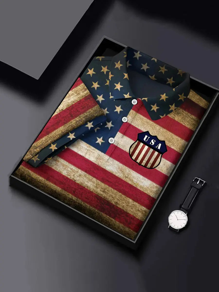 USA Flag Polo Shirt with Stars Best Patriotic Gift for American Pride Fans Short Sleeve