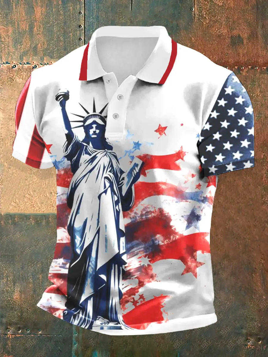 USA Flag Polo Shirt with Statue of Liberty Patriotic Gift for Independence Day Fans