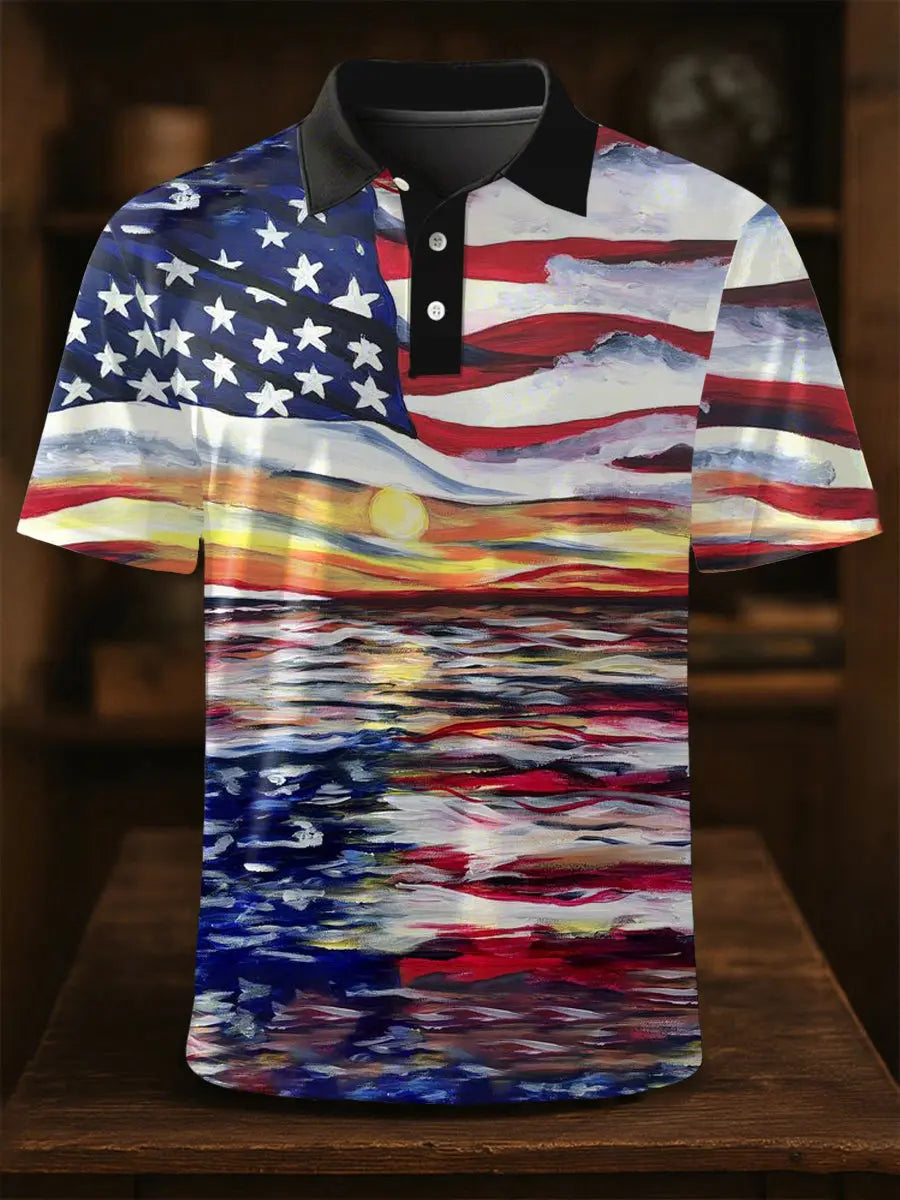 USA Flag Print Men's Polo Shirt Patriotic Gift for Independence Day Celebrations