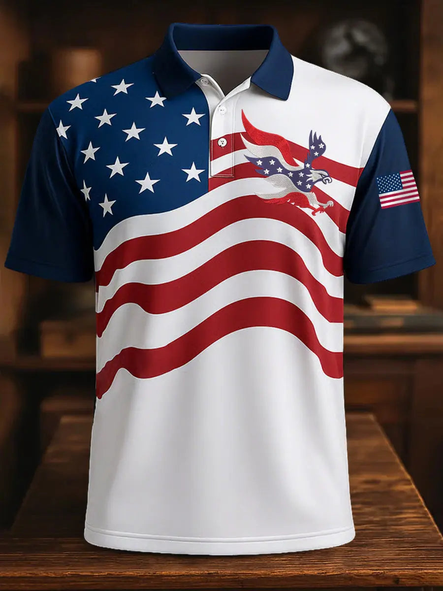USA Flag Print Short Sleeve Polo Shirt Patriotic Gift for American Pride Supporters