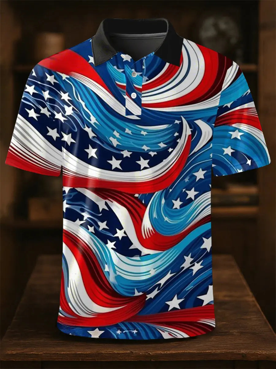 USA Flag Print Short Sleeve Polo Shirt Patriotic Gift for Independence Day Fans