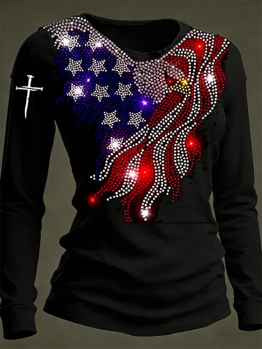 USA Flag Rhinestone Long Sleeve Shirt Patriotic American Flag Clothes Independence Day Gift