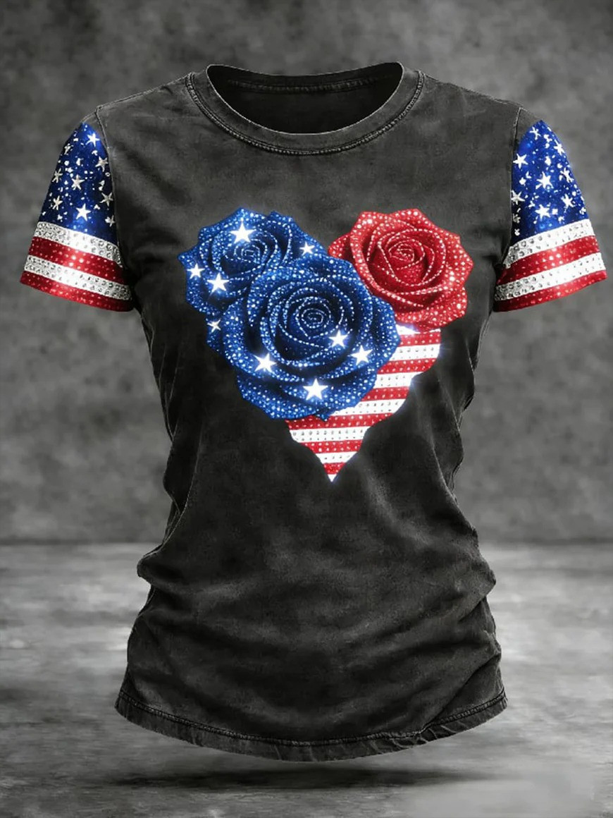 USA Flag Rose T-Shirt Patriotic Flag Heart Clothing Independence Day Shirt Gift For her