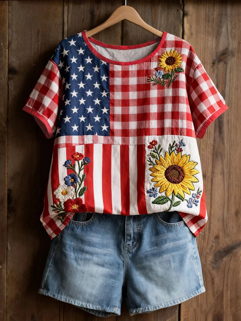 USA Flag Sunflower T-Shirt American Patchwork Shirt 4th Of July Tee Unique Gift For Her