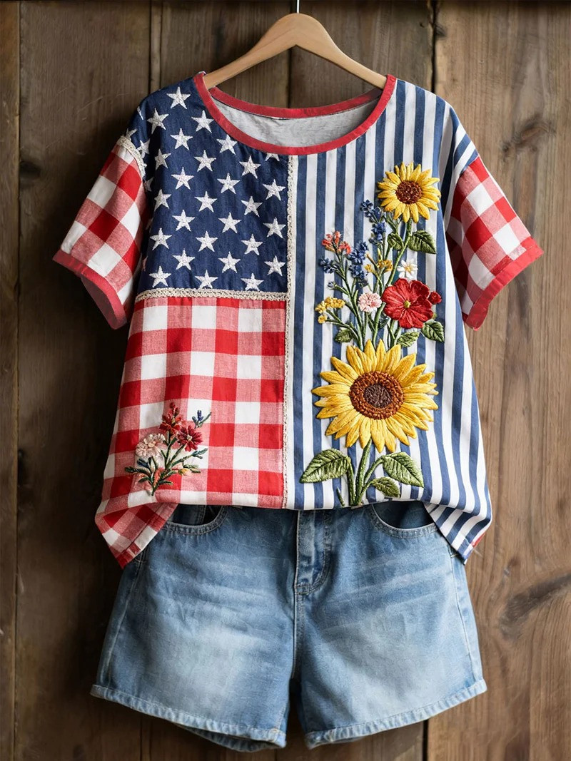 USA Flag Sunflower T-Shirt Vintage Patriotic Clothes Independence Day Tee Gift For Her