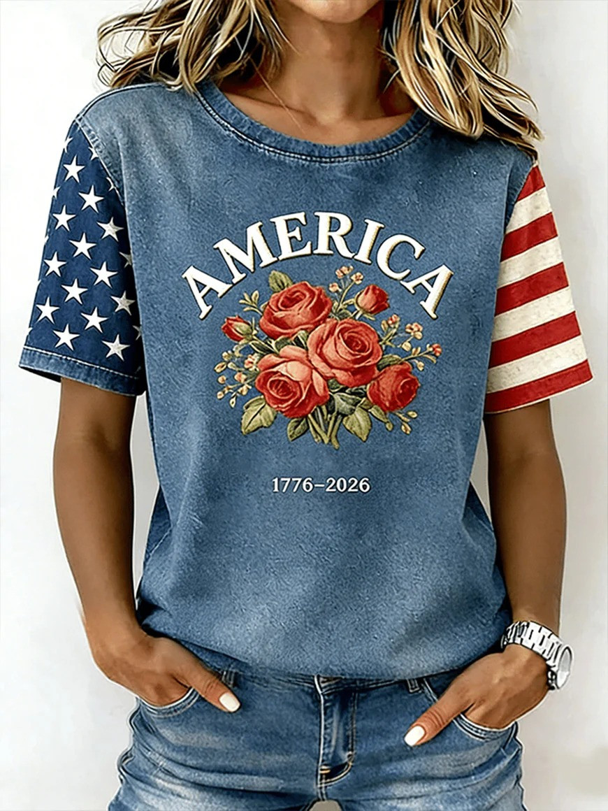 USA Flag T-Shirt 1776 2026 USA Independence Clothes Fourth Of July Tee Gift For Her