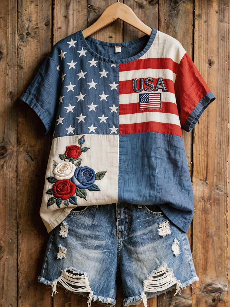 USA Flag T-Shirt Independence Day Apparel Vintage American Flag Shirt Gift For Mom