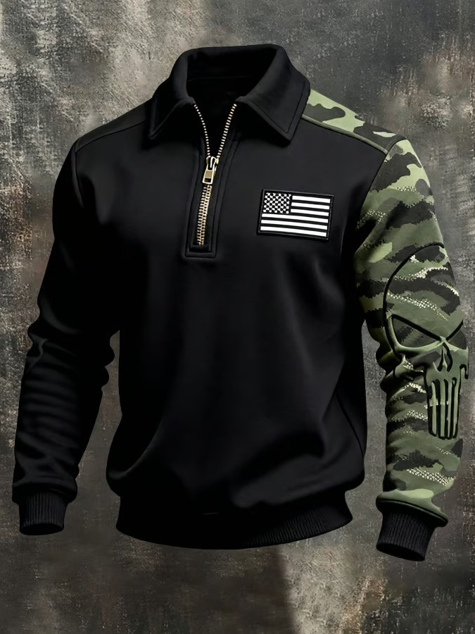 USA Flag Tactical Collar Zipper Polo Sweatshirt Camo American shirt Military Inspired Apparel