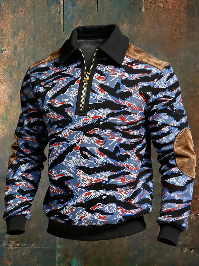 USA Flag Tiger Stripe Camo Zip Polo Long Sleeve Shirt July Fourth Outfit Ideas Patriotic Gifts