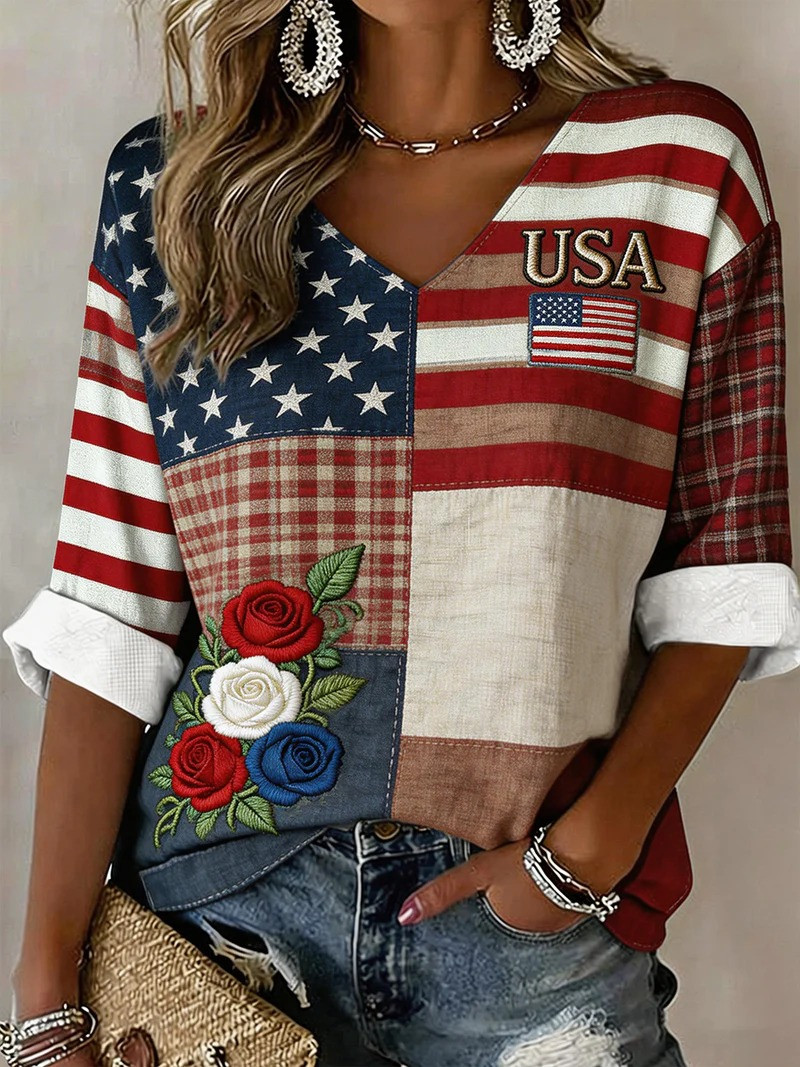 USA Flag V-Neck Long Sleeve Shirt Vintage Patriotic Shirt Fourth Of July Shirt Gift for Mom