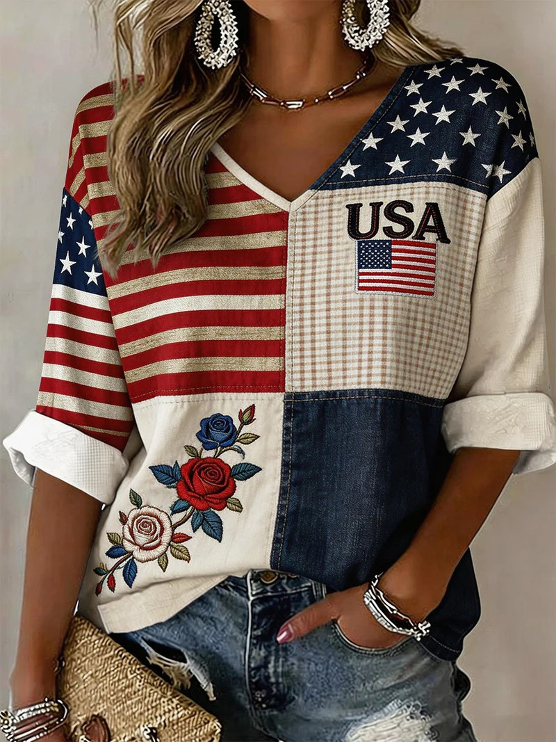 USA Flag Vintage V-Neck Long Sleeve Shirt Patriotic Stars And Stripes Shirt Gift For 4th Of July