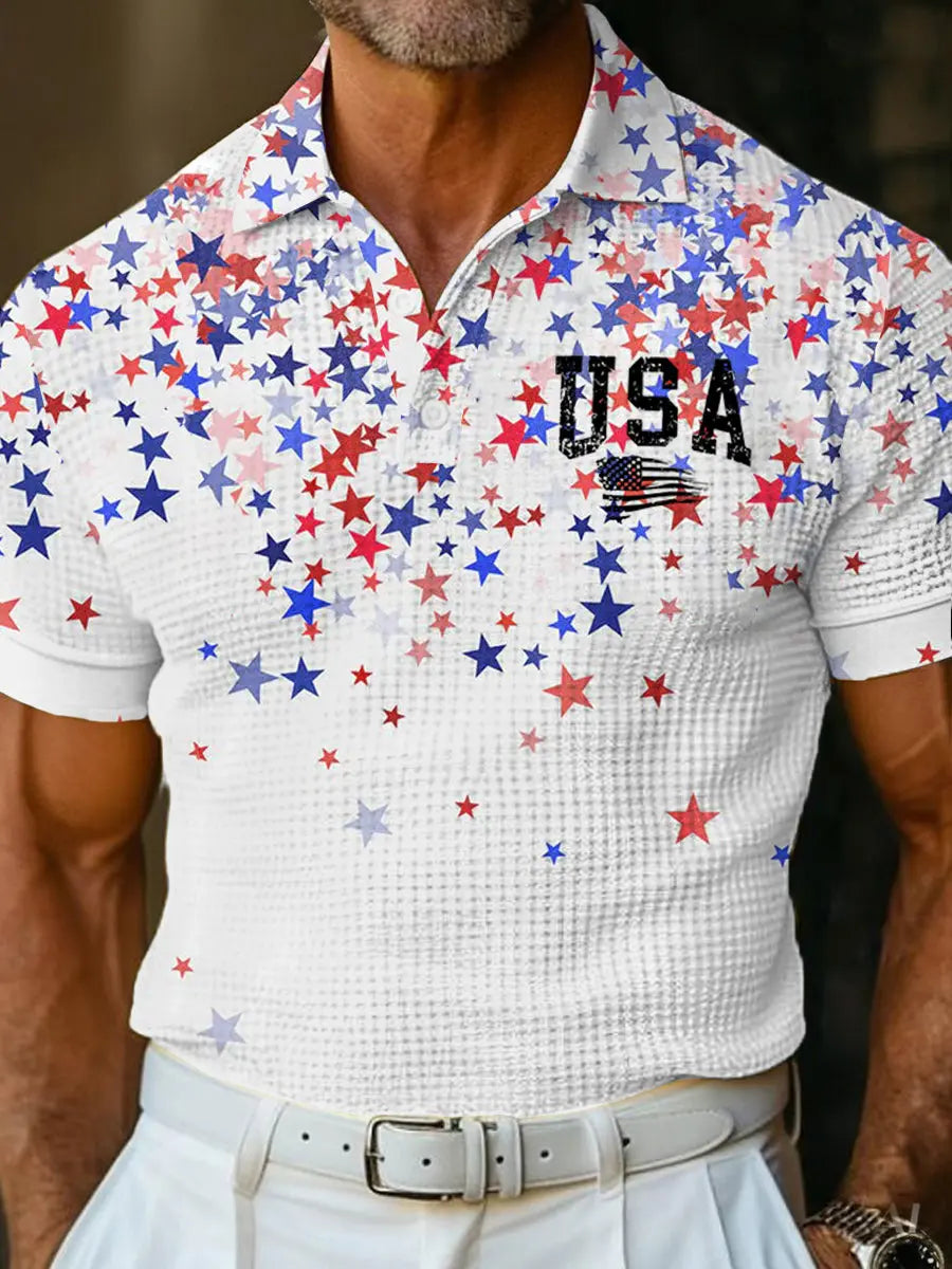 USA Flag Waffle Shirt Patriotic Golf Men's Shirt Gift for USA Pride Supporters