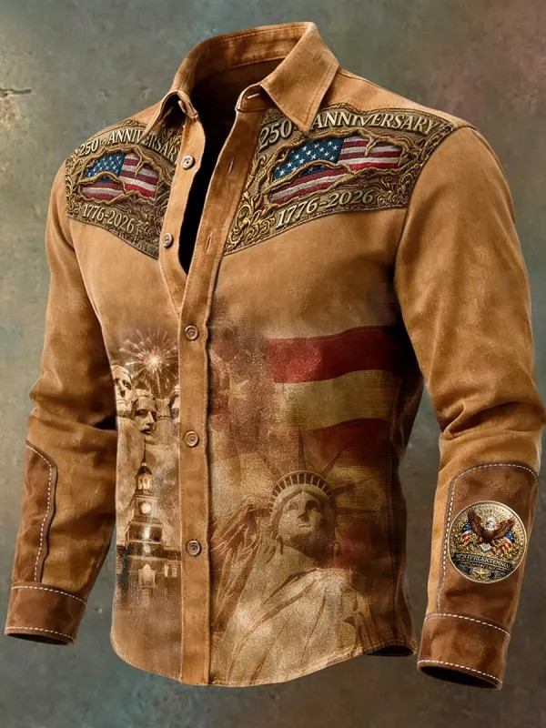 USA Flag Western Button Long Sleeve Shirt Patriotic 250th Anniversary Shirt Independence Gift