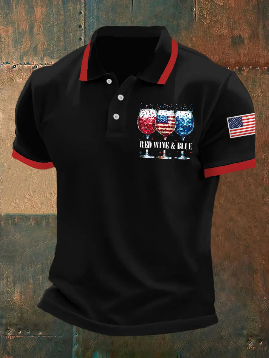 USA Flag Wine Glass Polo Shirt Patriotic Gift Casual Wear for 4th of July Celebrations