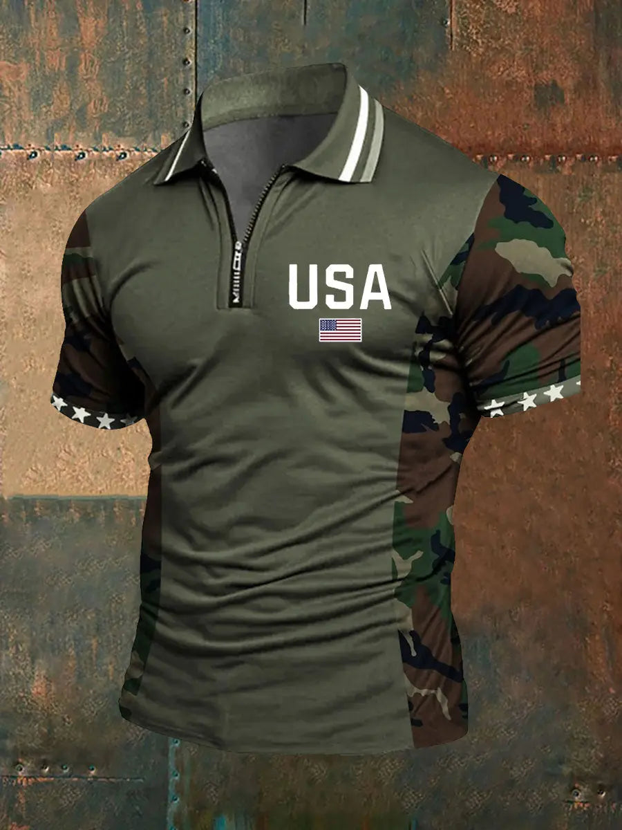 USA Flag Zip Polo Shirt for Patriotic Fans Men's American Pride Gift