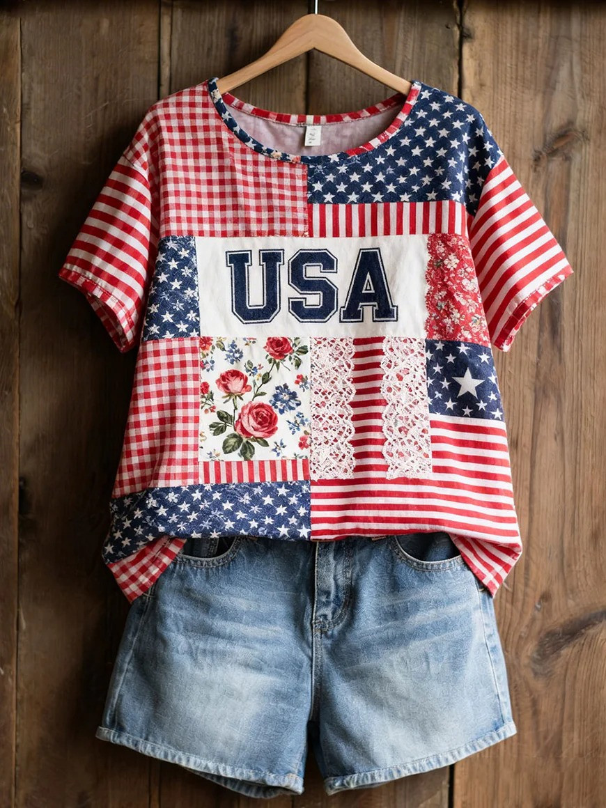 USA Floral Patchwork T-Shirt Stars And Stripes Tee Patriotic American Flag Shirt Gift For Her