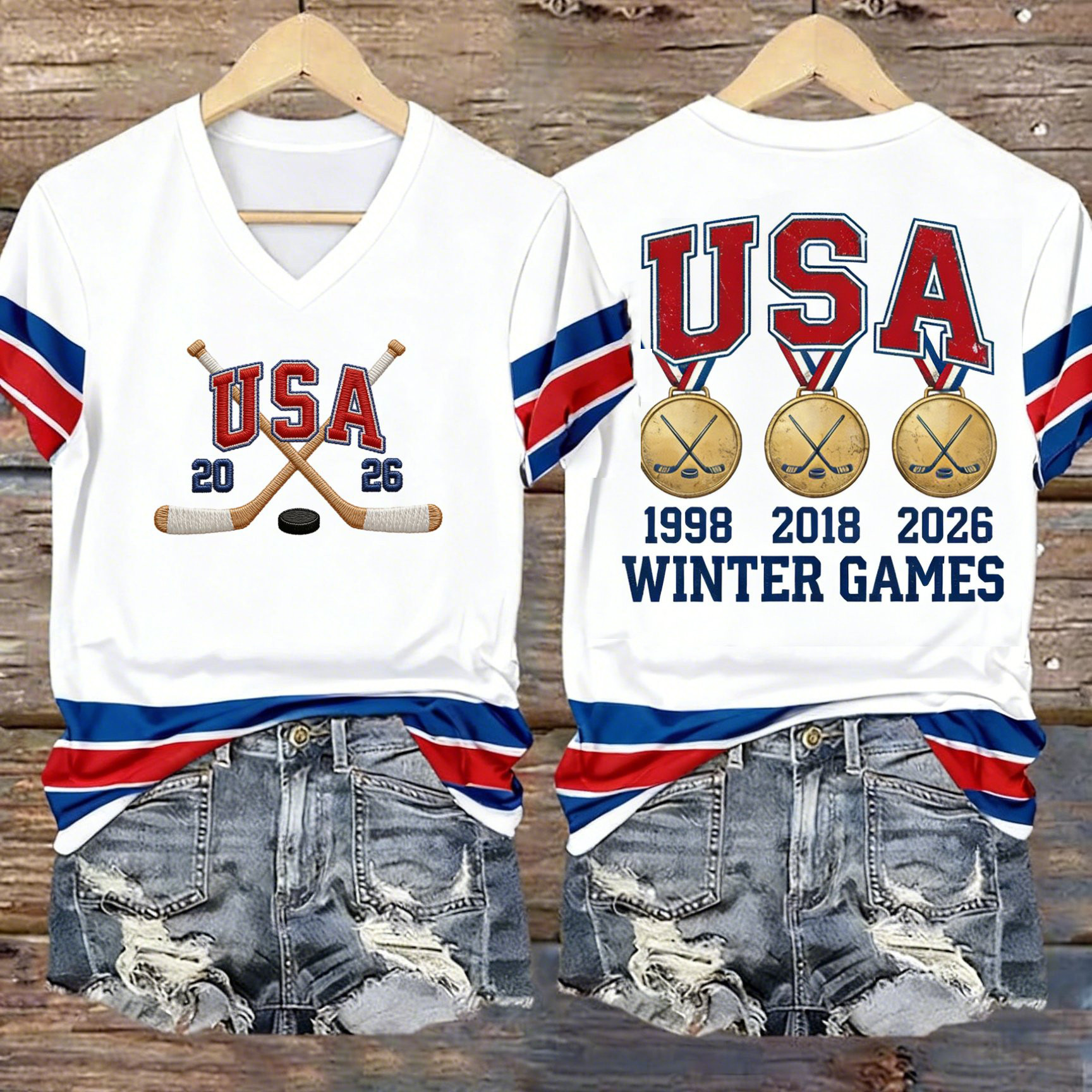 USA Hockey 2026 Winter Games Gold Medals V-Neck Shirt USA Hockey Gold Shirt Present For Her
