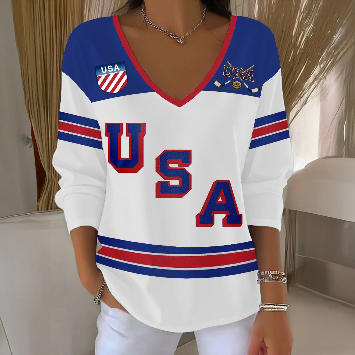 USA Hockey 2026 Winter Olympic V-Neck Long Sleeve Shirt USA Hockey Merch Fan Gear
