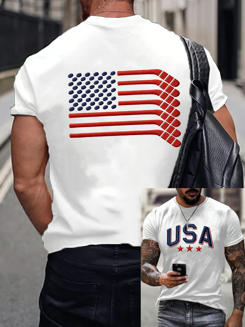 USA Hockey American Flag T-Shirt Hockey Stick Puck Fan Gear Best Gift For Hockey Lovers