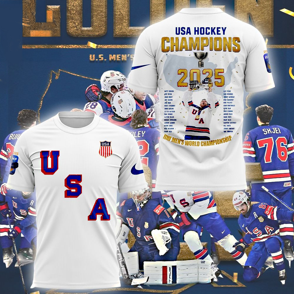 USA Hockey Champions 2025 Golden White T-Shirt Gifts For Hockey Enthusiasts