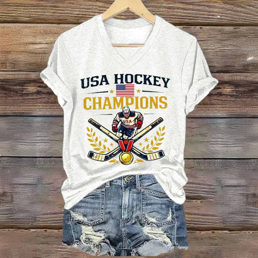 USA Hockey Champions V-Neck Shirt USA Hockey Gold Medal Shirt Sport Gift For Her