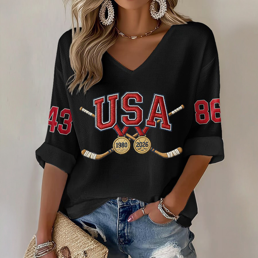USA Hockey Gold Medals 86 V-Neck Long Sleeve Shirt Ice Hockey Clothing Fans Gift For Wife