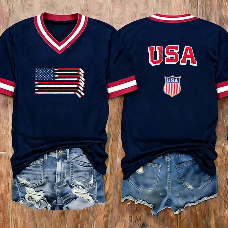 USA Hockey Team 2026 Winter Olympic V-Neck Shirt American Flag Logo USA Hockey Shirt Fan Gift