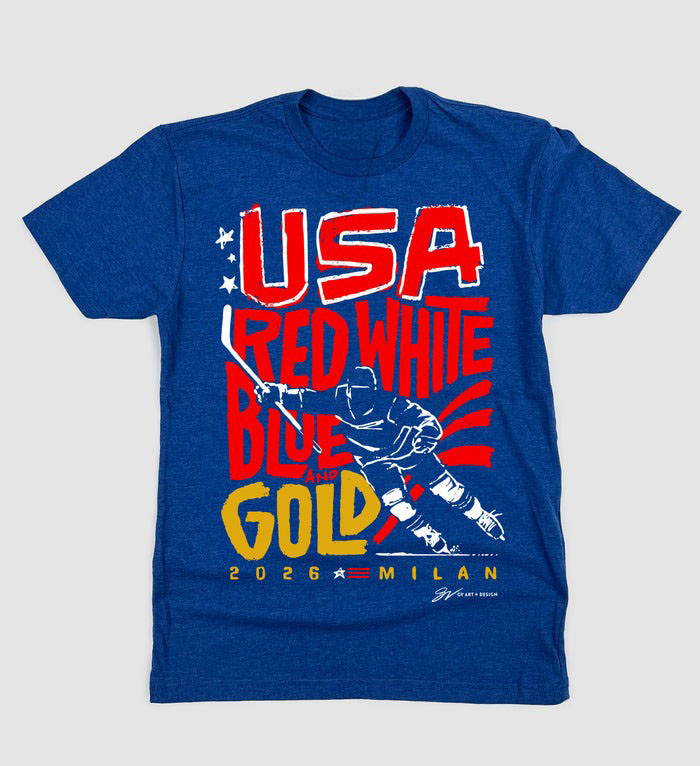 USA Ice Hockey 2026 Red White Blue And Gold Milan Olympics Graphic T-Shirt Fan Gear Gift