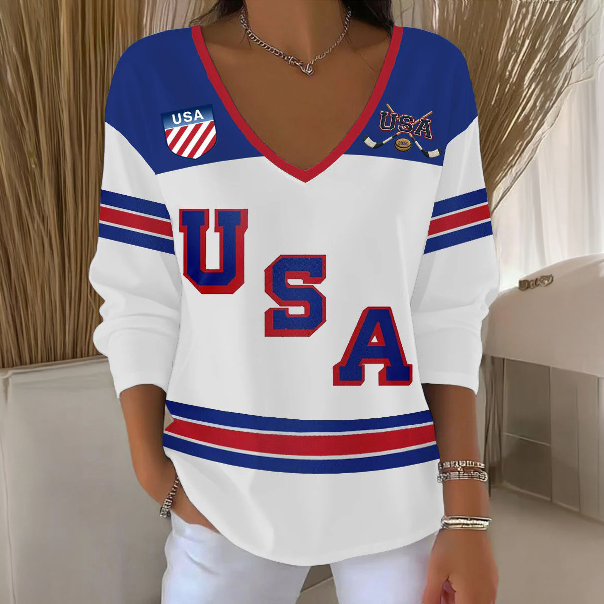USA Ice Hockey 2026 Winter Olympic V-Neck Long Sleeve Shirt Team USA Gold Merch Fans Gift
