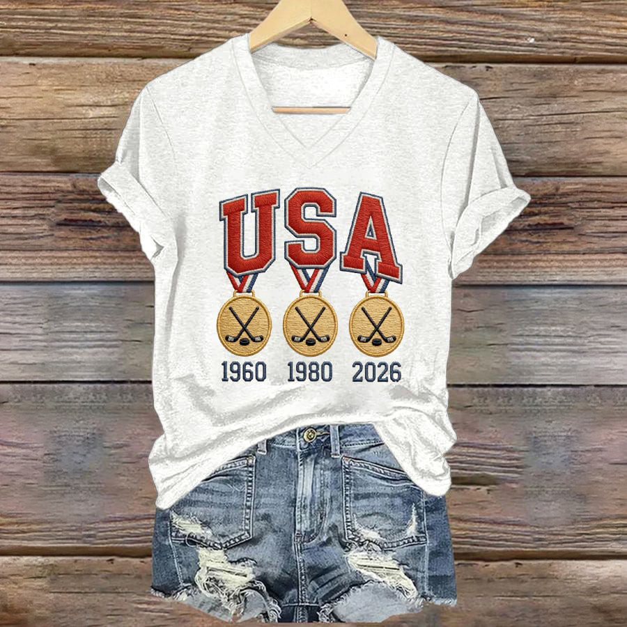 USA Ice Hockey Championship Gold Medals V-Neck Shirt USA Hockey Gold Medal Merch Gift For Fans