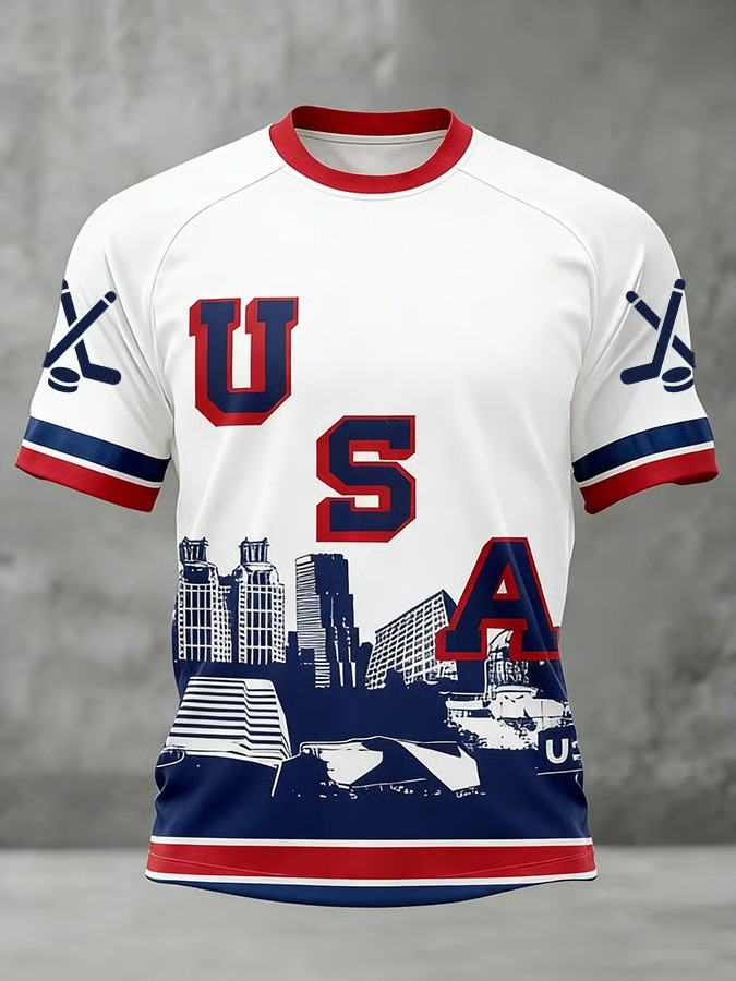 USA Ice Hockey Olympics 2026 City Skyline Graphic T-Shirt Patriotic Fan Gear Best Gift