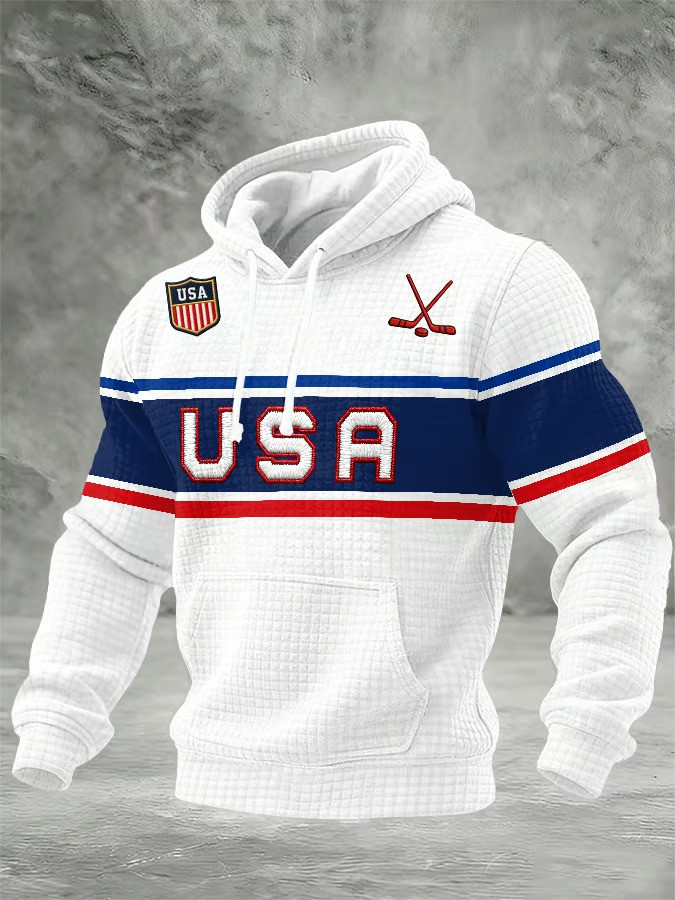 USA Ice Hockey Olympics 2026 White Blue Hockey Style Graphic Hoodie Patriotic Fan Gear