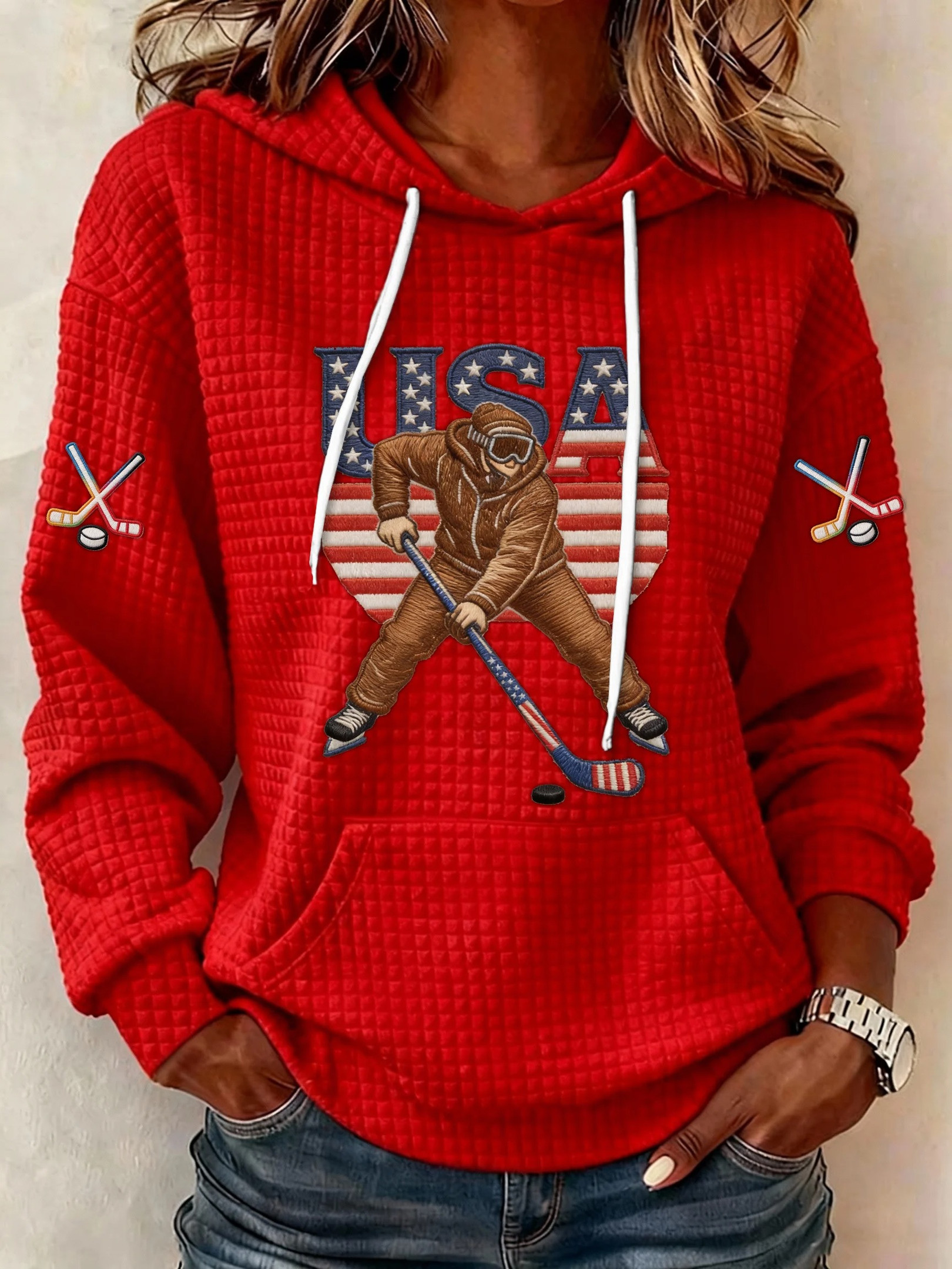 USA Ice Hockey Olympics Patriotic Player Graphic Hoodie Red Women Fan Gear Best Gift