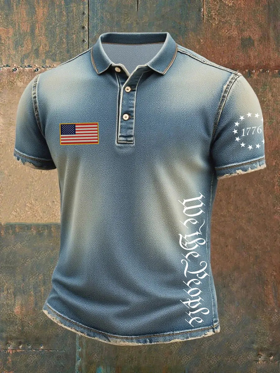 USA Independence Day Denim Print Polo Shirt Patriotic Gift for American Pride Supporters