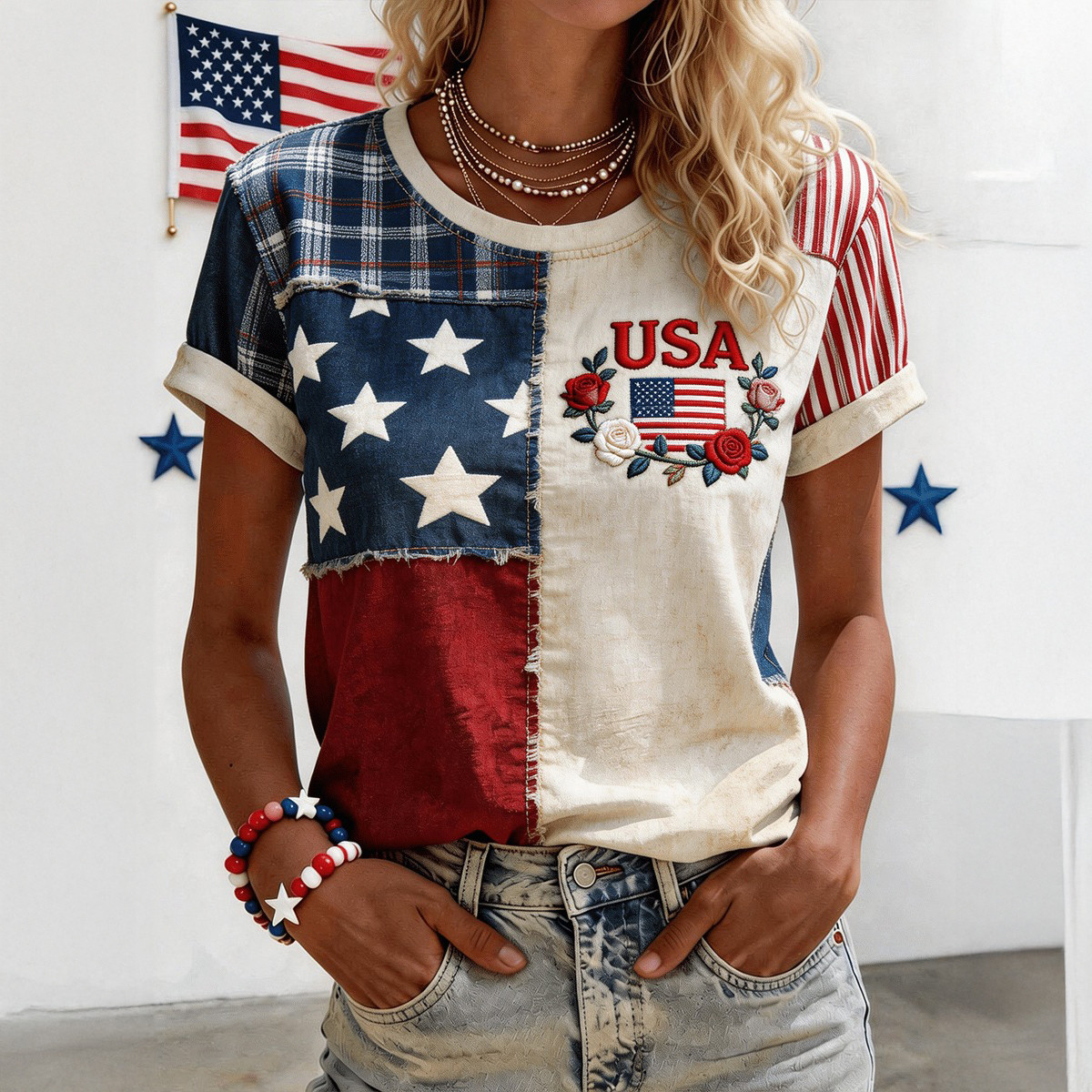 USA Inspired Floral T-Shirt American Flag Apparel July 4 Gift For Girlfriend