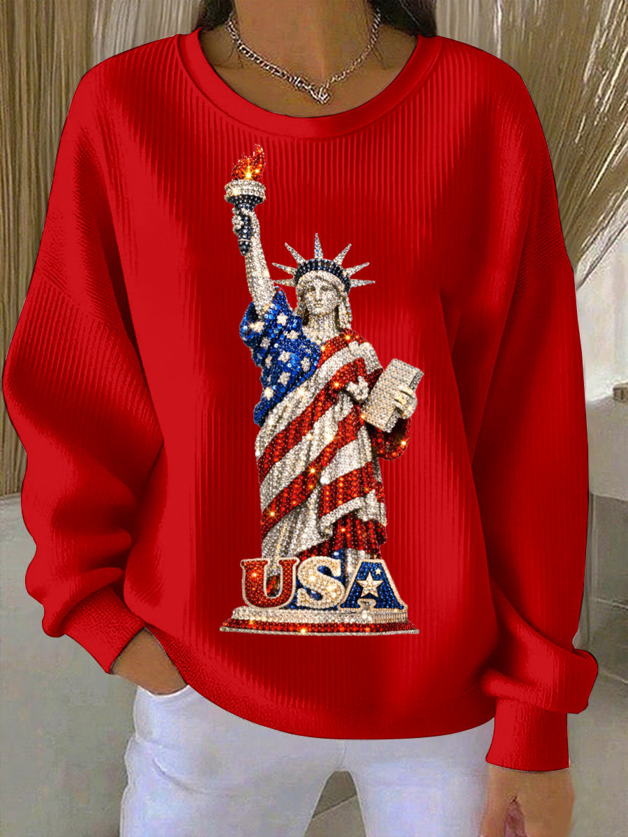 USA Inspired Rhinestone Pattern Sweatshirt Patriotic US Flag Sparkle Clothes Gift For Her