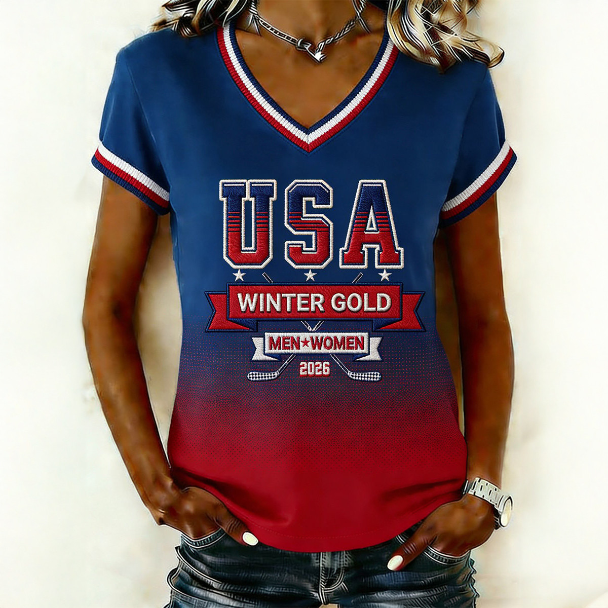 USA Men Women WInter Gold 2026 V-Neck Shirt USA Hockey Gold Medal Merch Fan Gift
