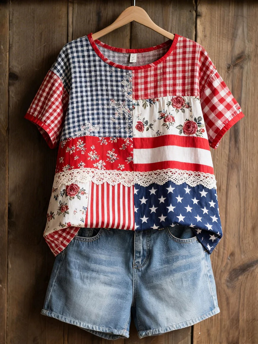 USA Patchwork Flag T-Shirt Patriotic Floral Shirt Independence Day Apparel Mother Day's Gift