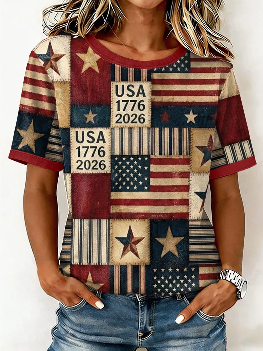 USA Patchwork T-Shirt 1776-2026 American Flag Clothing Patriotic Independence Day Gift