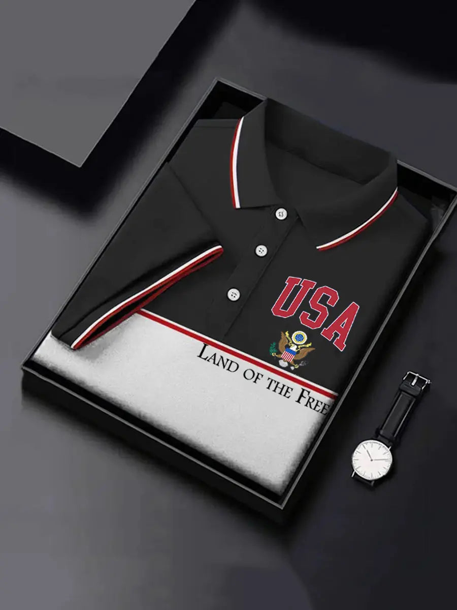 USA Patriotic Polo Shirt Short Sleeve Men's Gift for American Pride and Supporters