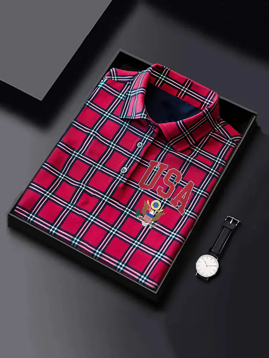 USA Print Polo Shirt Red Short Sleeve Patriotic Gift for Fans Casual Men's Wear